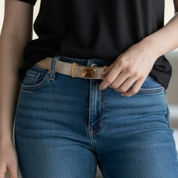 Judith Leiber Belt Vintage Leather Snakelike Metallic Metal Precious Stone 36.5\